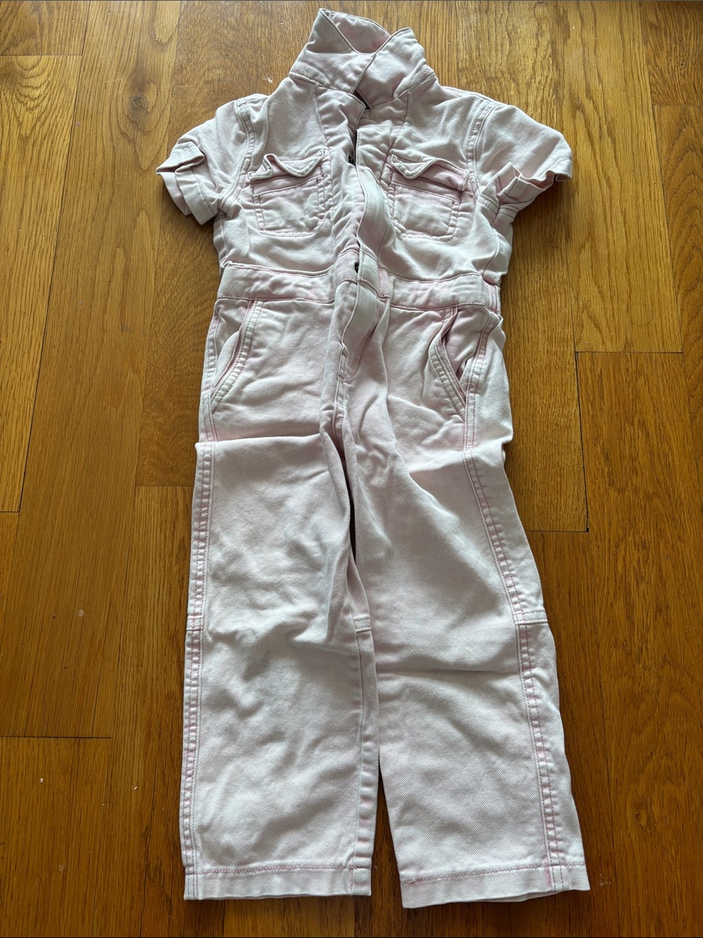 Faherty Pale Pink Washed Denim Short-Sleeve Kids Jumpsuit